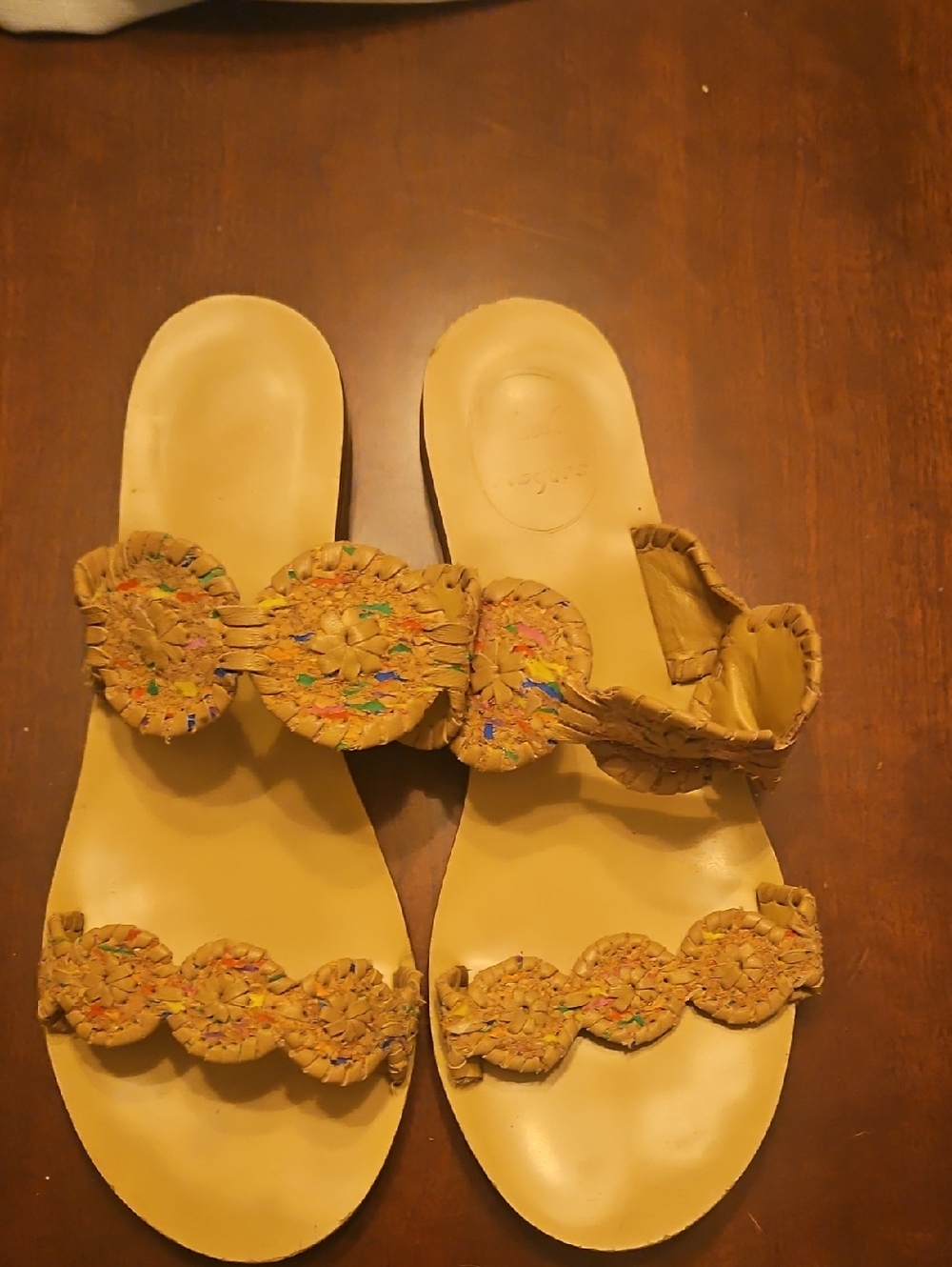 Jack Rogers Tan Woven Leather Slide Sandals with Multicolor Accents
